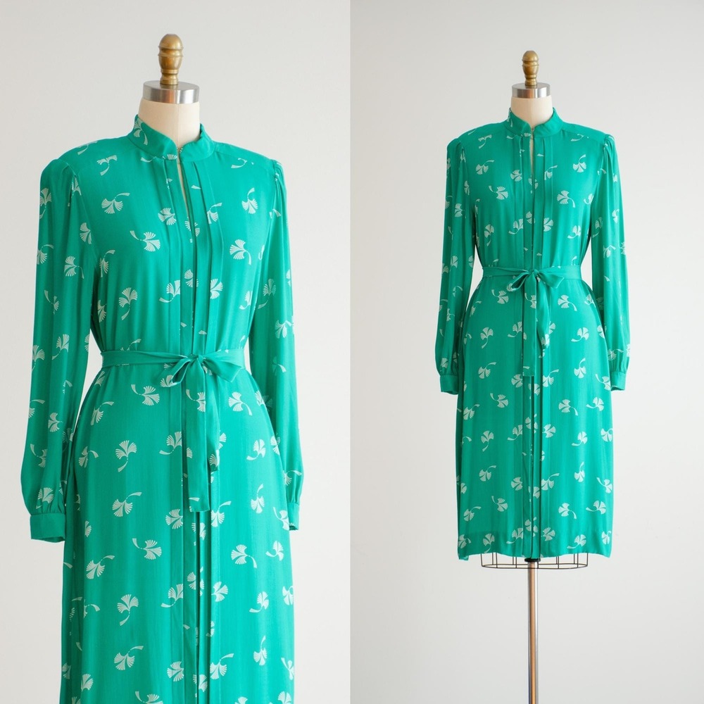 green ginkgo dress 70s 80s vintage kelly green long sleeve tunic dress